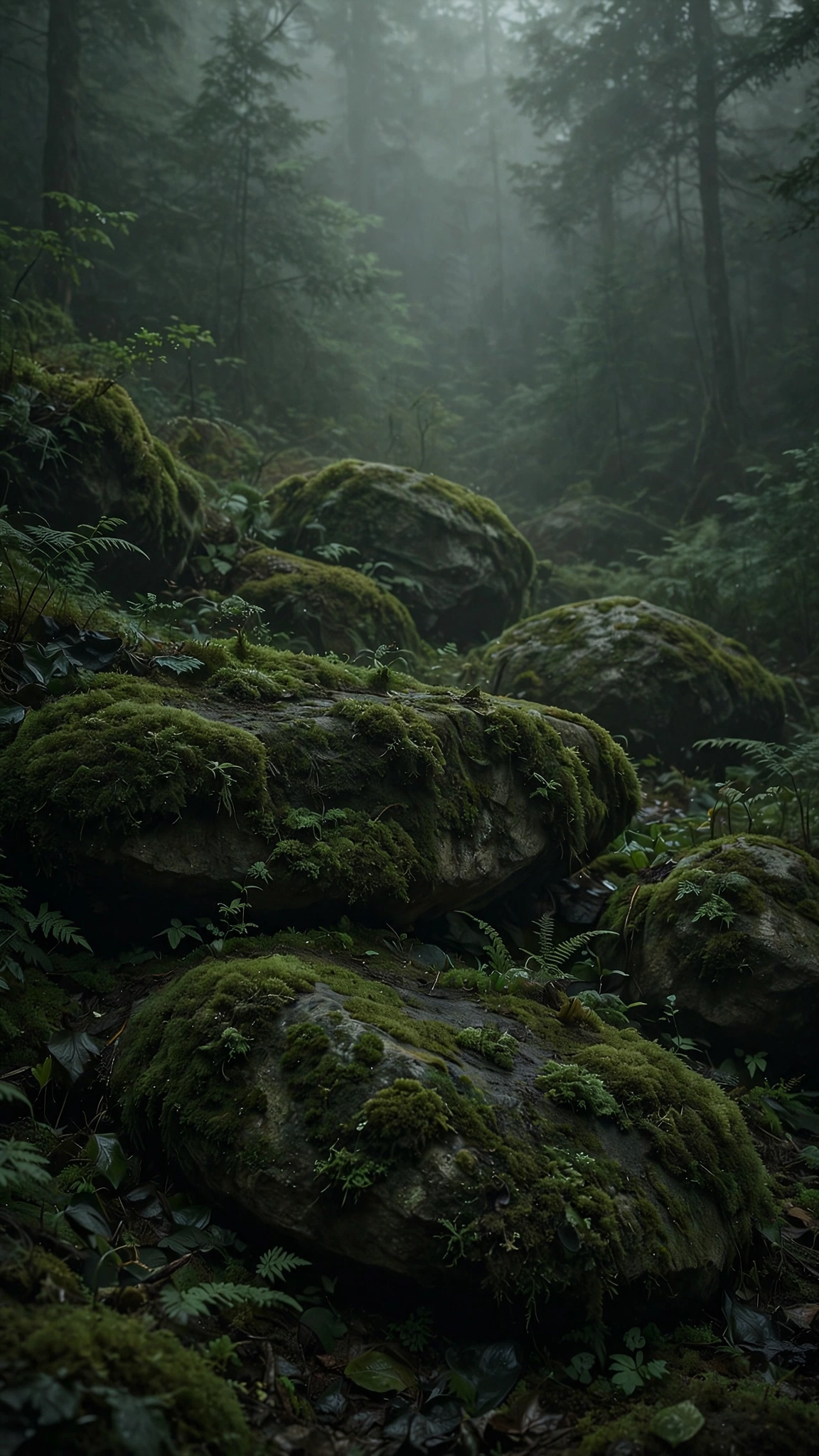 Mossy Rocks Foggy Forest