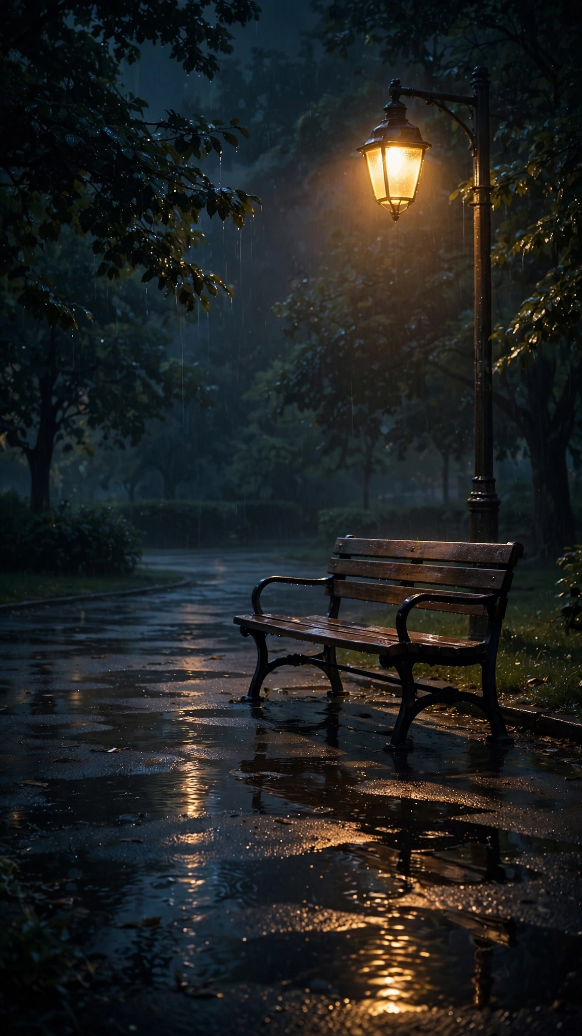 Empty Bench Rainy Night