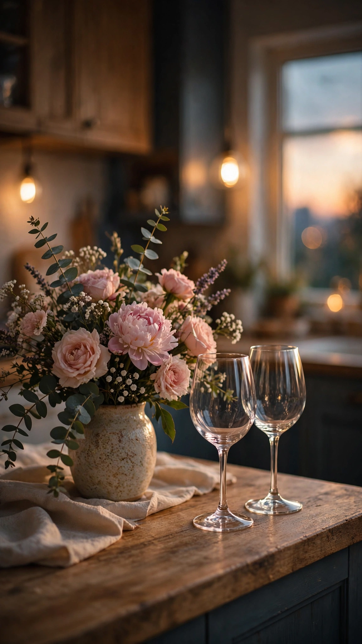 Wine Glasses Flowers Evening
