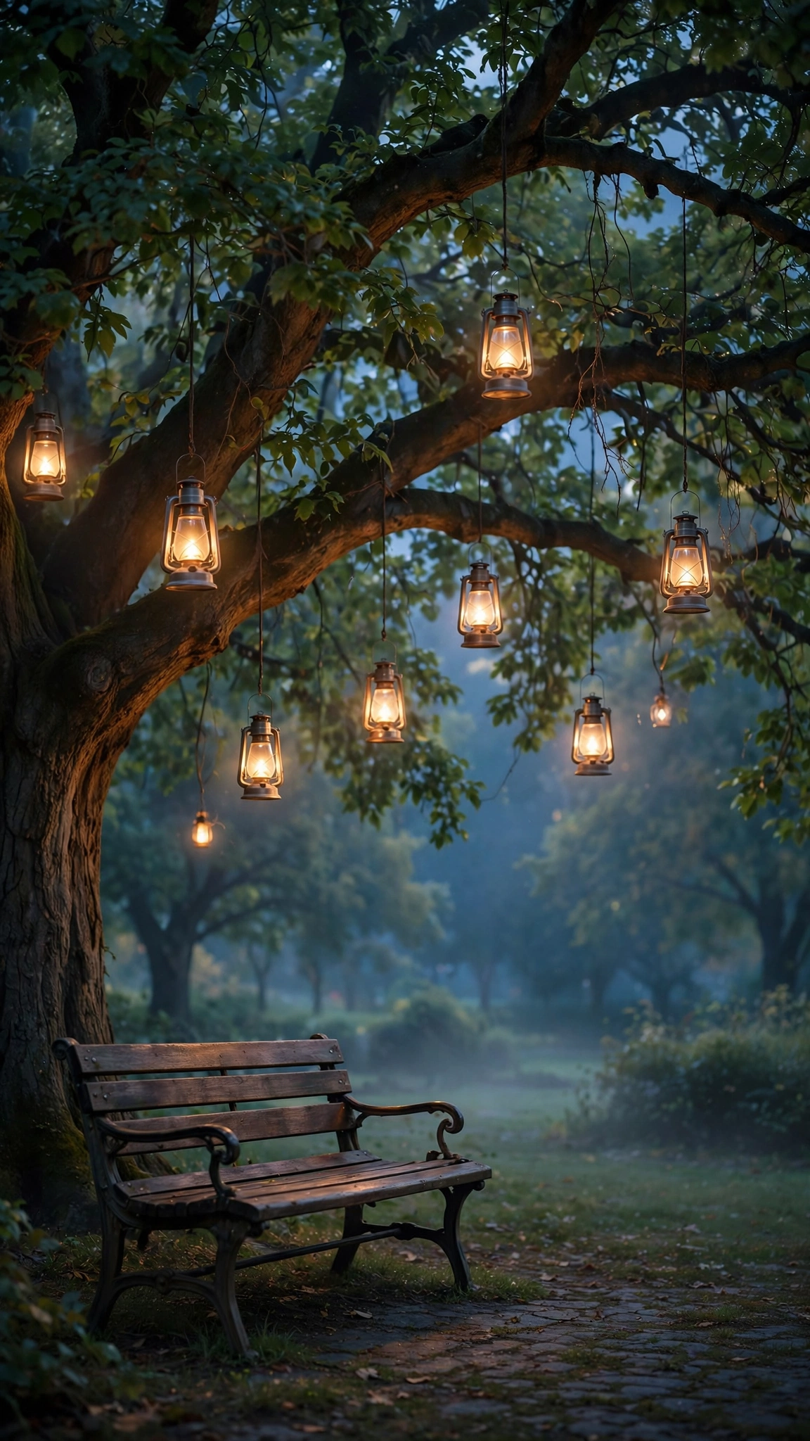 Empty Bench Dusk Lanterns