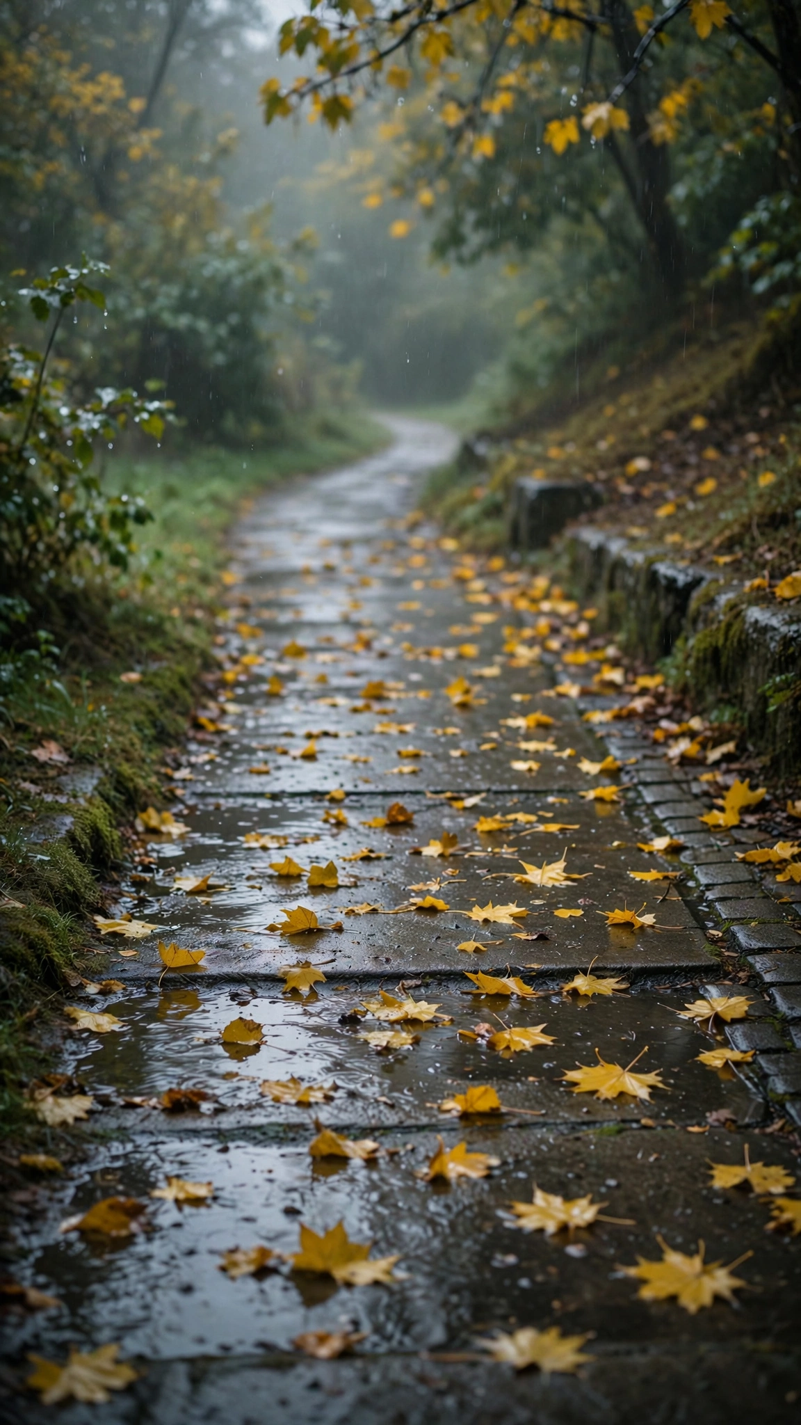 Wet Path Rainy Leaves