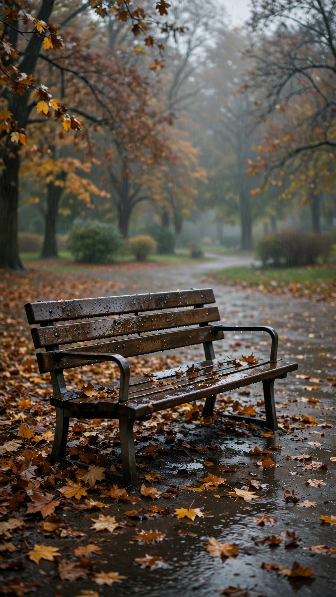 Empty Bench Rainy Autumn