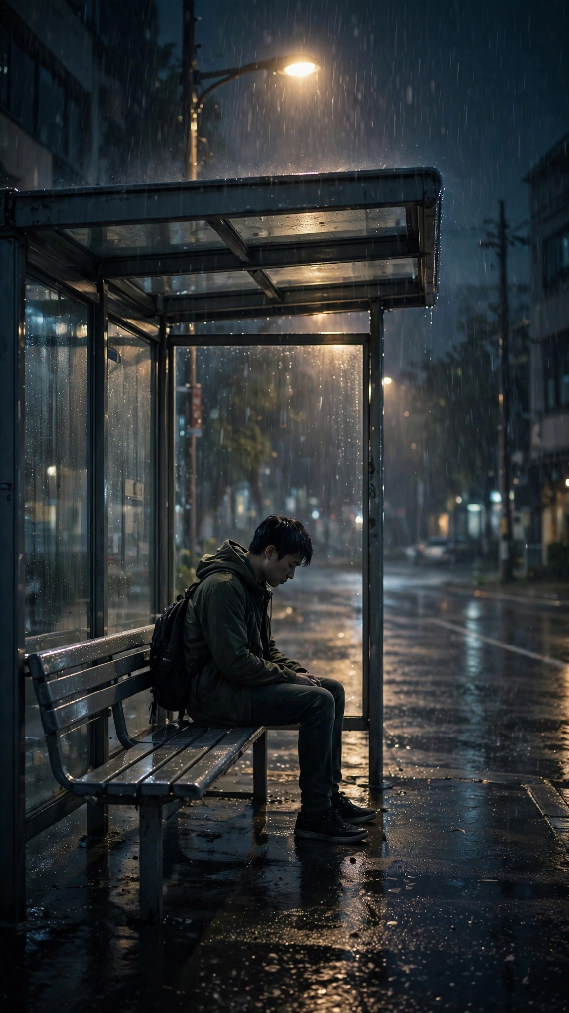 Rainy Bus Stop Solitude